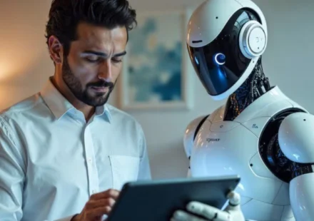 Employee reviews tablet beside an AI robot illustrating automated corporate IT support workflow day.
