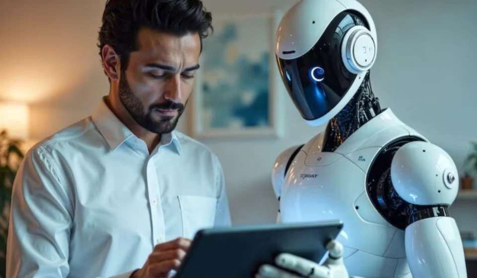 Employee reviews tablet beside an AI robot illustrating automated corporate IT support workflow day.