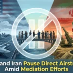 U.S. and Iran pause direct airstrikes as diplomats meet while military forces remain on alert nearby.