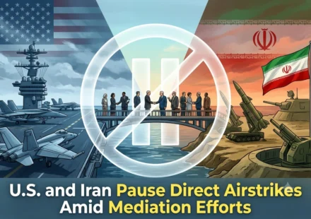 U.S. and Iran pause direct airstrikes as diplomats meet while military forces remain on alert nearby.