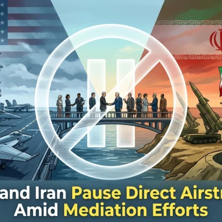 U.S. and Iran pause direct airstrikes as diplomats meet while military forces remain on alert nearby.