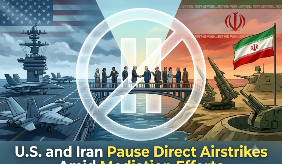 U.S. and Iran pause direct airstrikes as diplomats meet while military forces remain on alert nearby.
