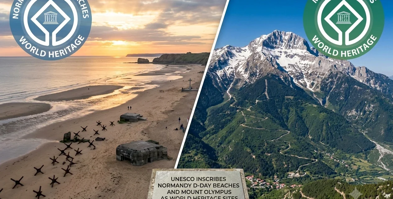 UNESCO World Heritage recognition for Normandy D Day beaches and Greece's Mount Olympus scenic landscape