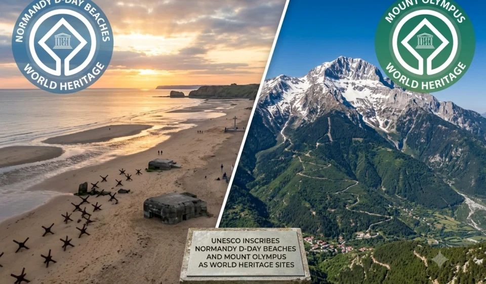 UNESCO World Heritage recognition for Normandy D Day beaches and Greece's Mount Olympus scenic landscape