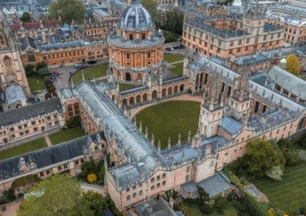 Aerial view of Oxford University buildings showcasing historic architecture and academic heritage in England.