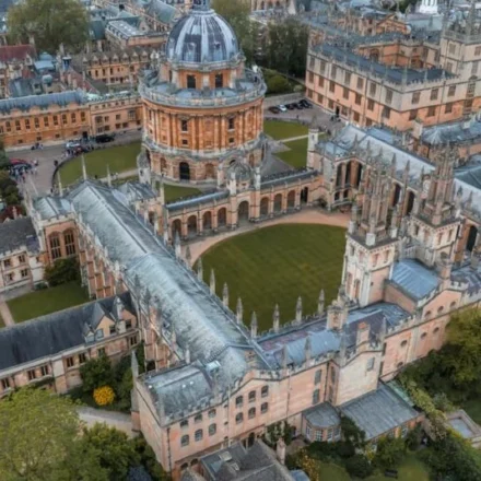Aerial view of Oxford University buildings showcasing historic architecture and academic heritage in England.