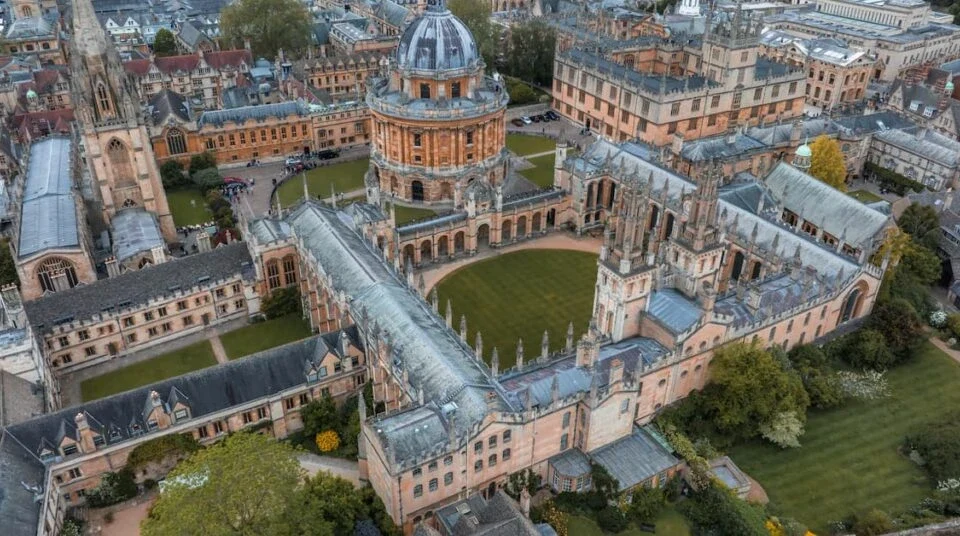Aerial view of Oxford University buildings showcasing historic architecture and academic heritage in England.