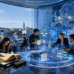 Researchers digitize rare legal books inside Ukraine's AI LegalTech hub with holographic displays.