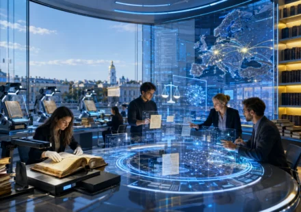Researchers digitize rare legal books inside Ukraine's AI LegalTech hub with holographic displays.