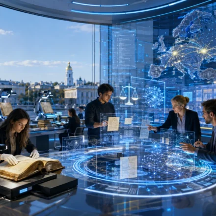 Researchers digitize rare legal books inside Ukraine's AI LegalTech hub with holographic displays.