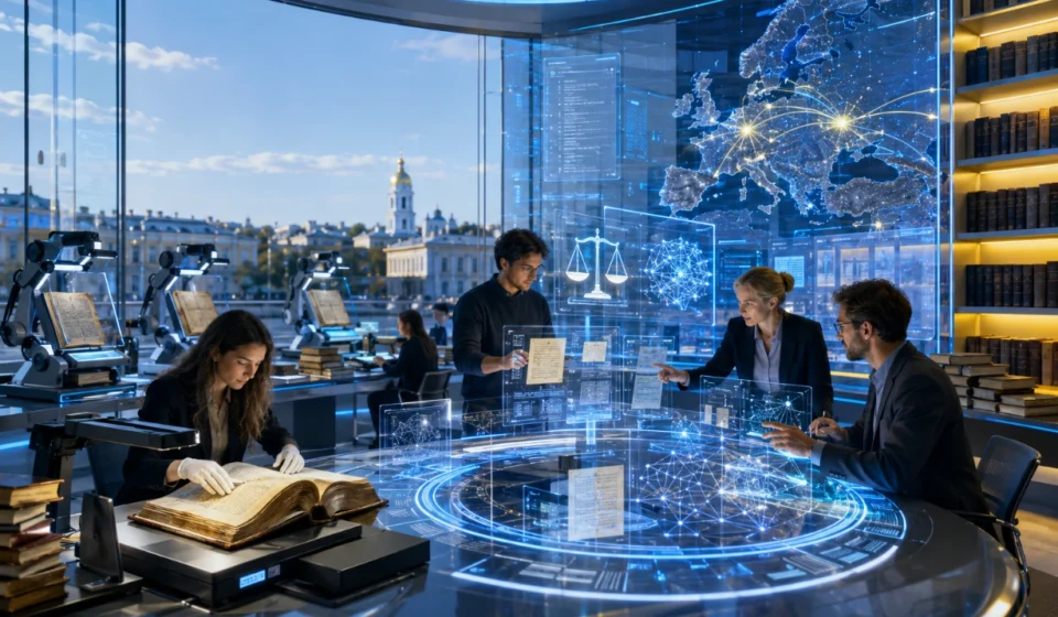 Researchers digitize rare legal books inside Ukraine's AI LegalTech hub with holographic displays.