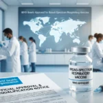 WHO approved broad spectrum respiratory vaccine vial in research lab with scientists and official notice