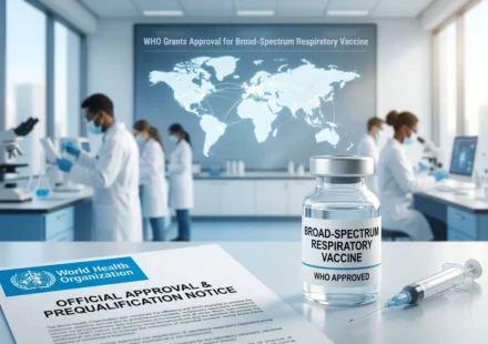 WHO approved broad spectrum respiratory vaccine vial in research lab with scientists and official notice