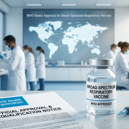 WHO approved broad spectrum respiratory vaccine vial in research lab with scientists and official notice