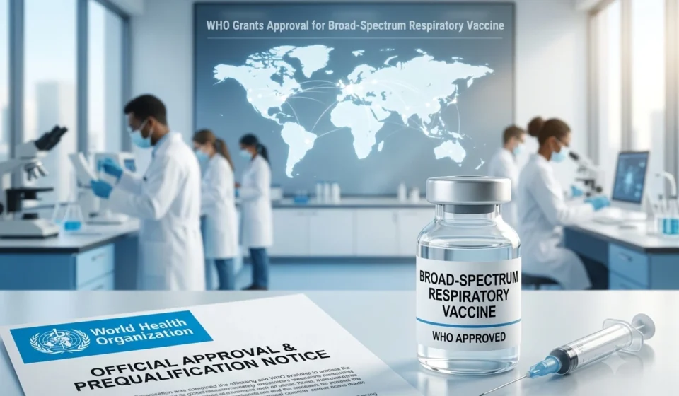 WHO approved broad spectrum respiratory vaccine vial in research lab with scientists and official notice