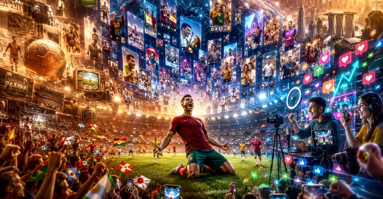 Football fans celebrate as social video moments surround a goal in a futuristic global stadium.