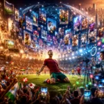 Football fans celebrate as social video moments surround a goal in a futuristic global stadium.