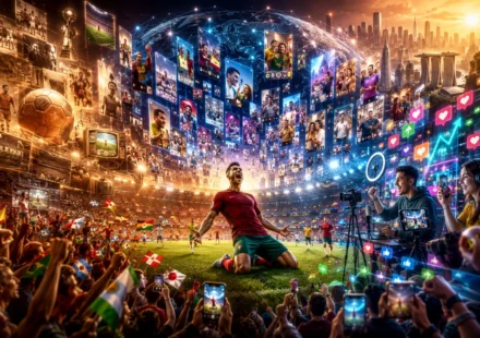 Football fans celebrate as social video moments surround a goal in a futuristic global stadium.