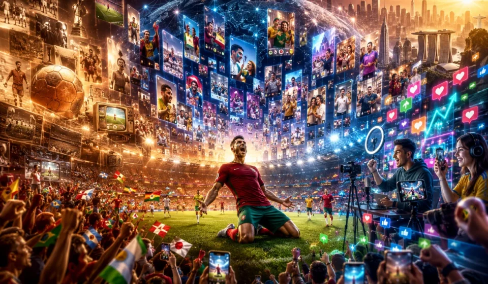 Football fans celebrate as social video moments surround a goal in a futuristic global stadium.