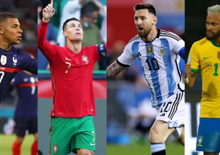 Collage of four World Cup football stars in national team jerseys during international matches live.