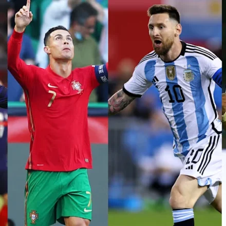 Collage of four World Cup football stars in national team jerseys during international matches live.