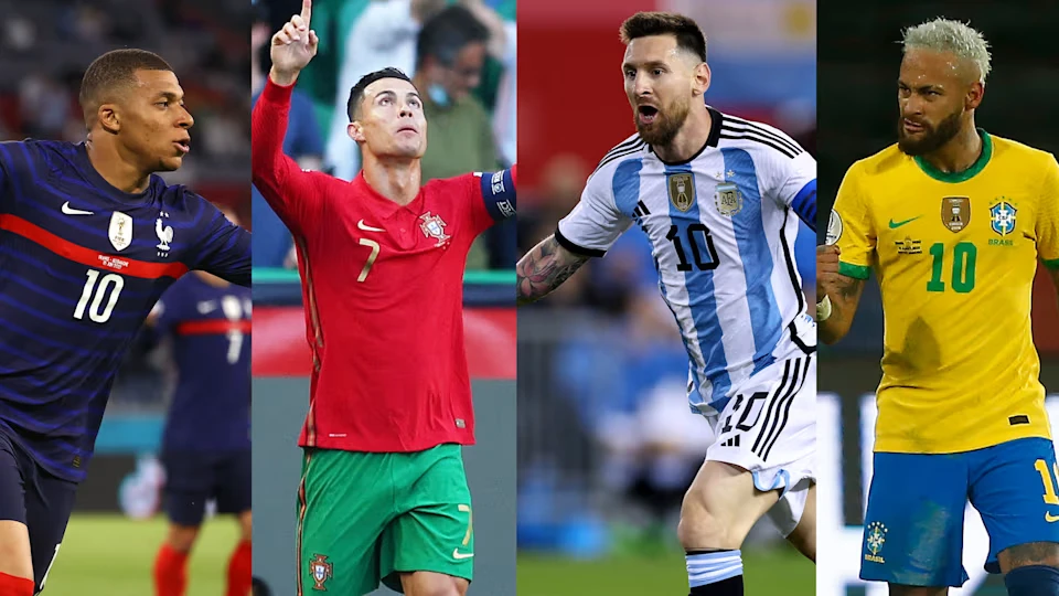 Collage of four World Cup football stars in national team jerseys during international matches live.