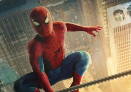 Spider Man crouches above a city skyline at sunset, ready for action in his iconic red and blue suit.