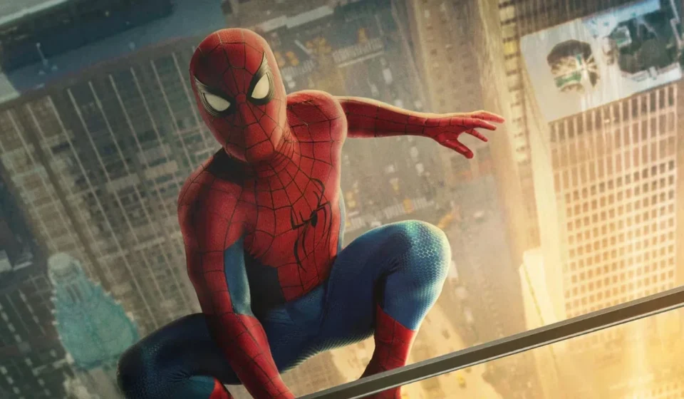 Spider Man crouches above a city skyline at sunset, ready for action in his iconic red and blue suit.