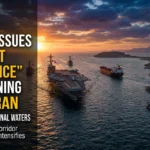 U.S. and Iranian naval vessels face off near a tanker in the Strait of Hormuz at sunset skyline view