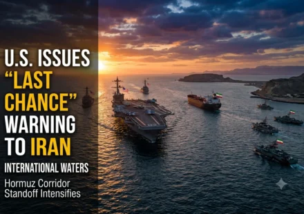 U.S. and Iranian naval vessels face off near a tanker in the Strait of Hormuz at sunset skyline view