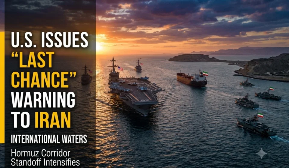 U.S. Issues “Last Chance” Warning to Iran Amid Hormuz Corridor Standoff U.S. and Iranian naval vessels face off near a tanker in the Strait of Hormuz at sunset skyline view