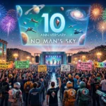 No Man's Sky fans gather for a 10th anniversary community rally beneath fireworks and space themed displays.