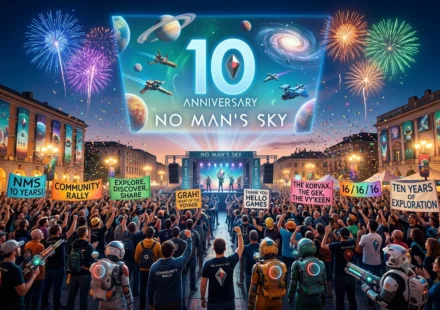 No Man's Sky fans gather for a 10th anniversary community rally beneath fireworks and space themed displays.