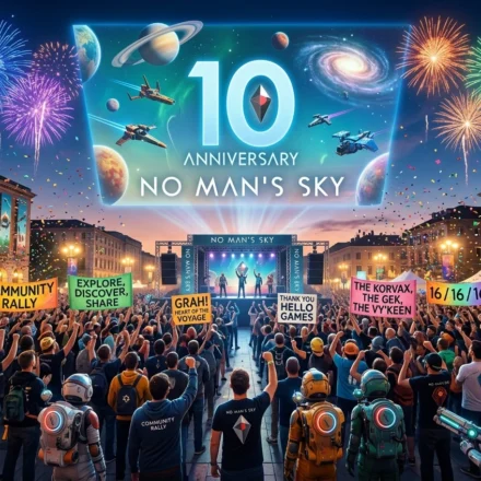 No Man's Sky fans gather for a 10th anniversary community rally beneath fireworks and space themed displays.