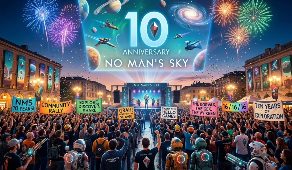 Community Rally Marks 10th Anniversary of No Man’s Sky No Man's Sky fans gather for a 10th anniversary community rally beneath fireworks and space themed displays.