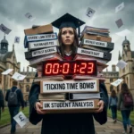 UK graduate in cap and gown holds student debt files with tuition fees, interest and a ticking clock