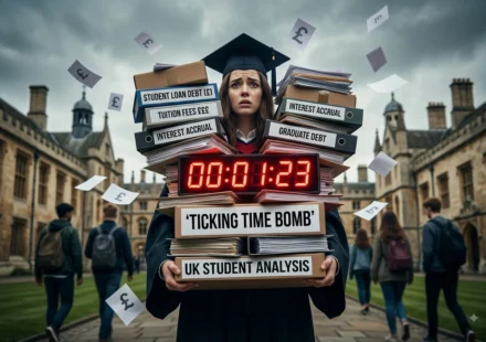 UK graduate in cap and gown holds student debt files with tuition fees, interest and a ticking clock