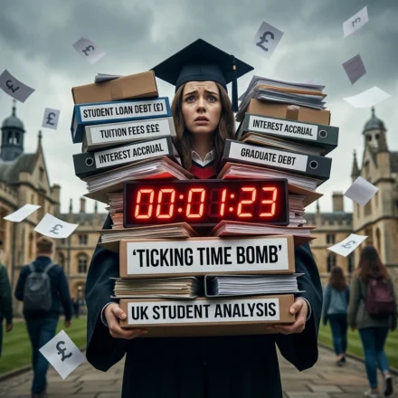 UK graduate in cap and gown holds student debt files with tuition fees, interest and a ticking clock
