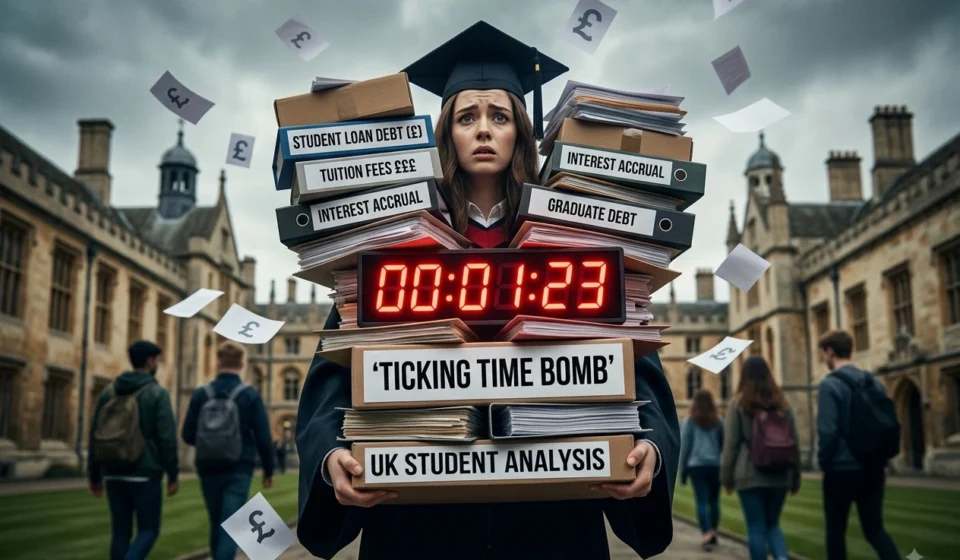 UK Student Analysis Warns of ‘Ticking Timebomb’ Graduate Debt UK graduate in cap and gown holds student debt files with tuition fees, interest and a ticking clock