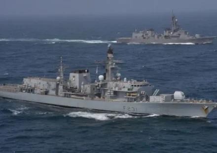 Two naval frigates patrol open waters during Red Sea maritime security coalition operations
