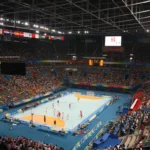 Crowded National Indoor Stadium hosts a handball match with athletes competing before a large crowd.