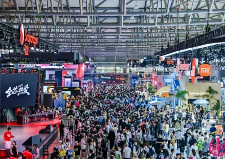 Crowds explore gaming booths and hardware displays during the ChinaJoy 2026 expo in Shanghai, China.