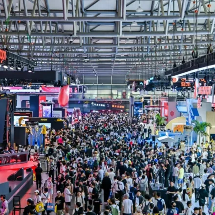 Crowds explore gaming booths and hardware displays during the ChinaJoy 2026 expo in Shanghai, China.