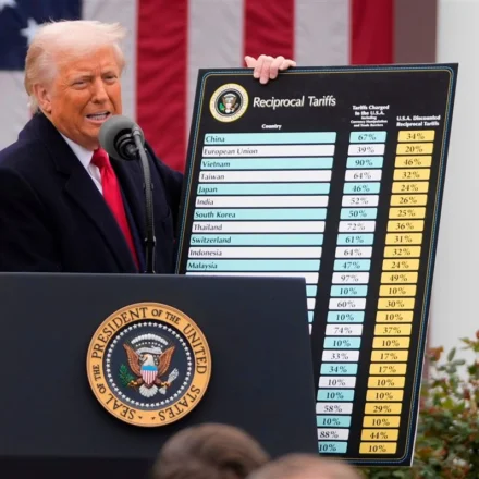 U.S. president speaks beside reciprocal tariffs chart during White House trade announcement onstage.