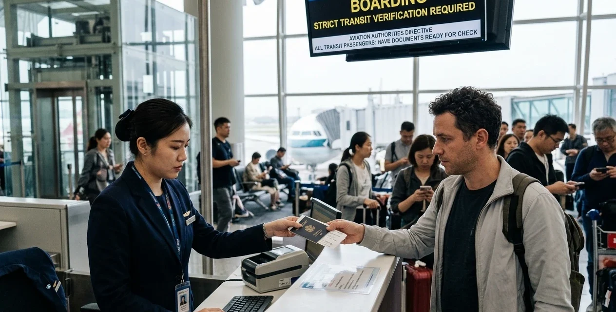 Airline staff checks a passenger's passport as travelers prepare for stricter transit checks abroad.