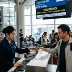 Airline staff checks a passenger's passport as travelers prepare for stricter transit checks abroad.