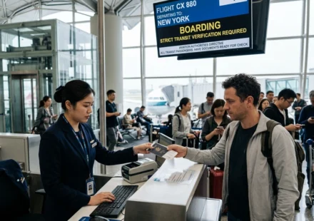 Airline staff checks a passenger's passport as travelers prepare for stricter transit checks abroad.