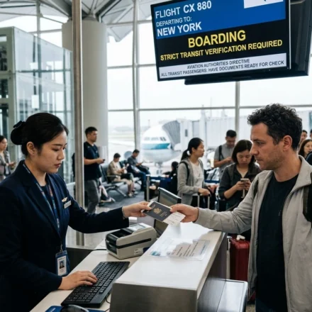 Airline staff checks a passenger's passport as travelers prepare for stricter transit checks abroad.
