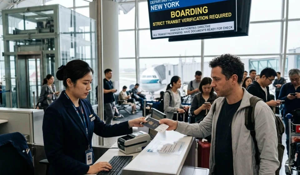 Aviation Authorities Direct Airlines to Enforce Strict Transit Verification Airline staff checks a passenger's passport as travelers prepare for stricter transit checks abroad.