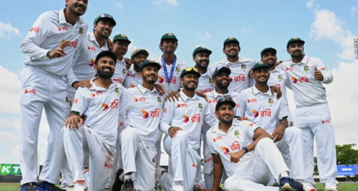Bangladesh cricket team celebrates after a historic Test victory over Australia in Darwin, Australia